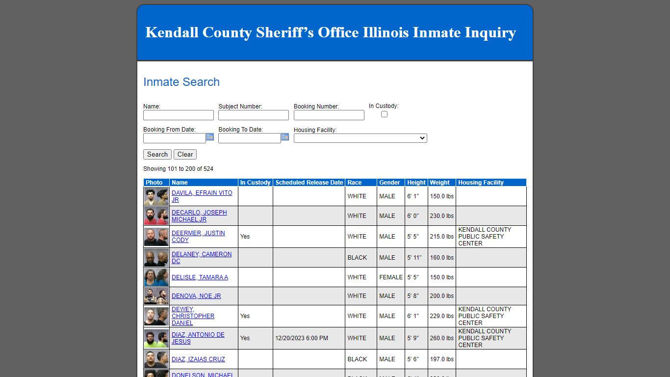 Kendall County Sheriff’s Office Illinois Inmate Inquiry - Inmate Search