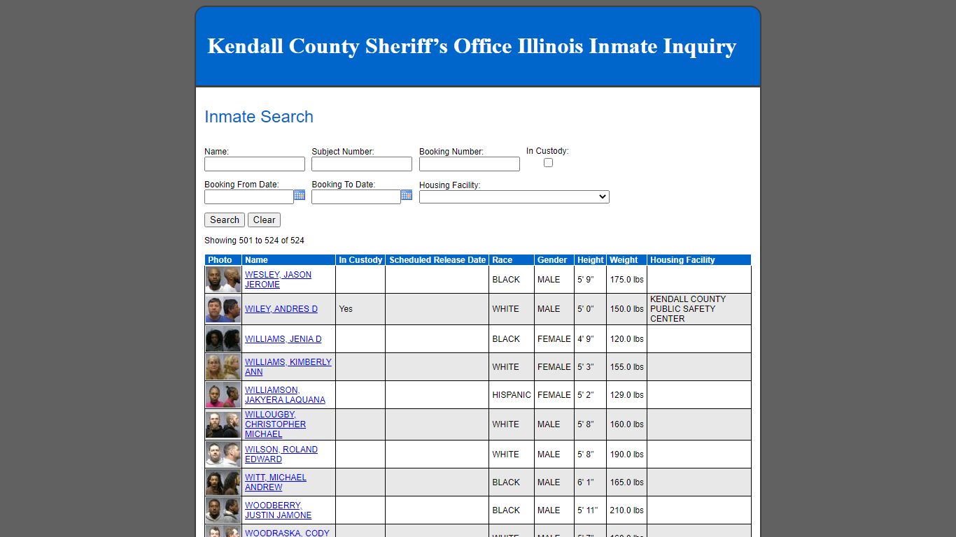 Kendall County Sheriff’s Office Illinois Inmate Inquiry - Inmate Search